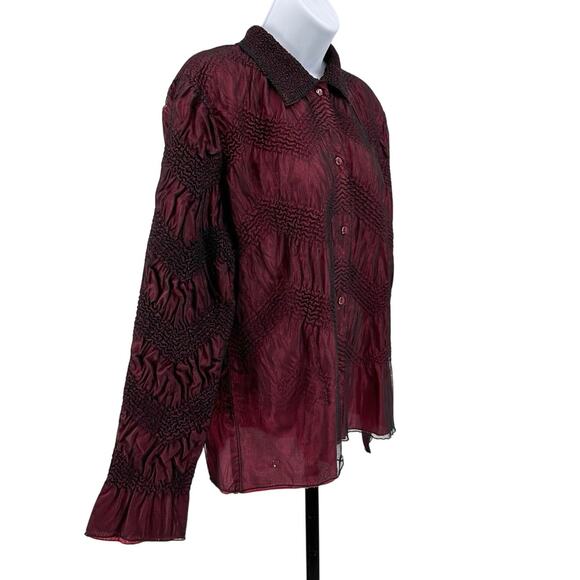 Coldwater Creek Blazer Wine Red Womens M Crinkled Mesh Button Up Collared Peplum - Picture 2 of 6